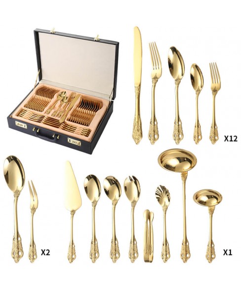 Family Collection 72 Piece 18/8 Gold Flatware Silverware Set with Gift Carrying Case