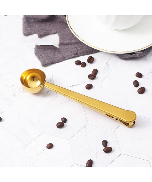 Gold-Plated Coffee Measuring Scoop, 18/0 Stainless Steel 15ml with Clip, Luxury Coffee Accessory Bulk