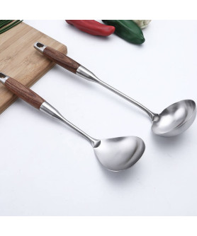 Soup Ladle,304 Stainless Steel Cooking Ladle Spoon Wok Tools with Long Wooden Handle Heat Resistant