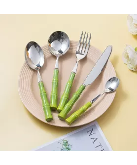 Eco-Friendly Bamboo Design Ceramic Handle Stainless Steel Cutlery Set | For Students, Children & Household Use