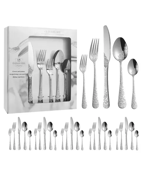 24-Piece Stainless Steel Flatware Set with Embossed Filigree Design | 5-Piece Hotel Cutlery in Wooden Gift Box