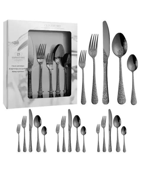 24-Piece Stainless Steel Flatware Set with Embossed Filigree Design | 5-Piece Hotel Cutlery in Wooden Gift Box