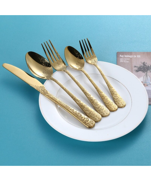 24-Piece Stainless Steel Flatware Set with Embossed Filigree Design | 5-Piece Hotel Cutlery in Wooden Gift Box