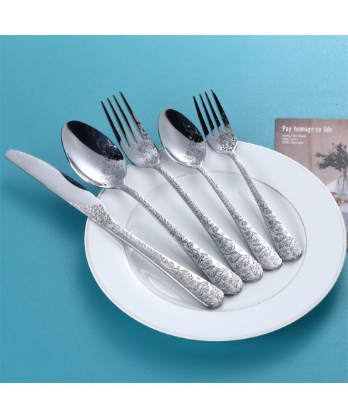 24-Piece Stainless Steel Flatware Set with Embossed Filigree Design | 5-Piece Hotel Cutlery in Wooden Gift Box